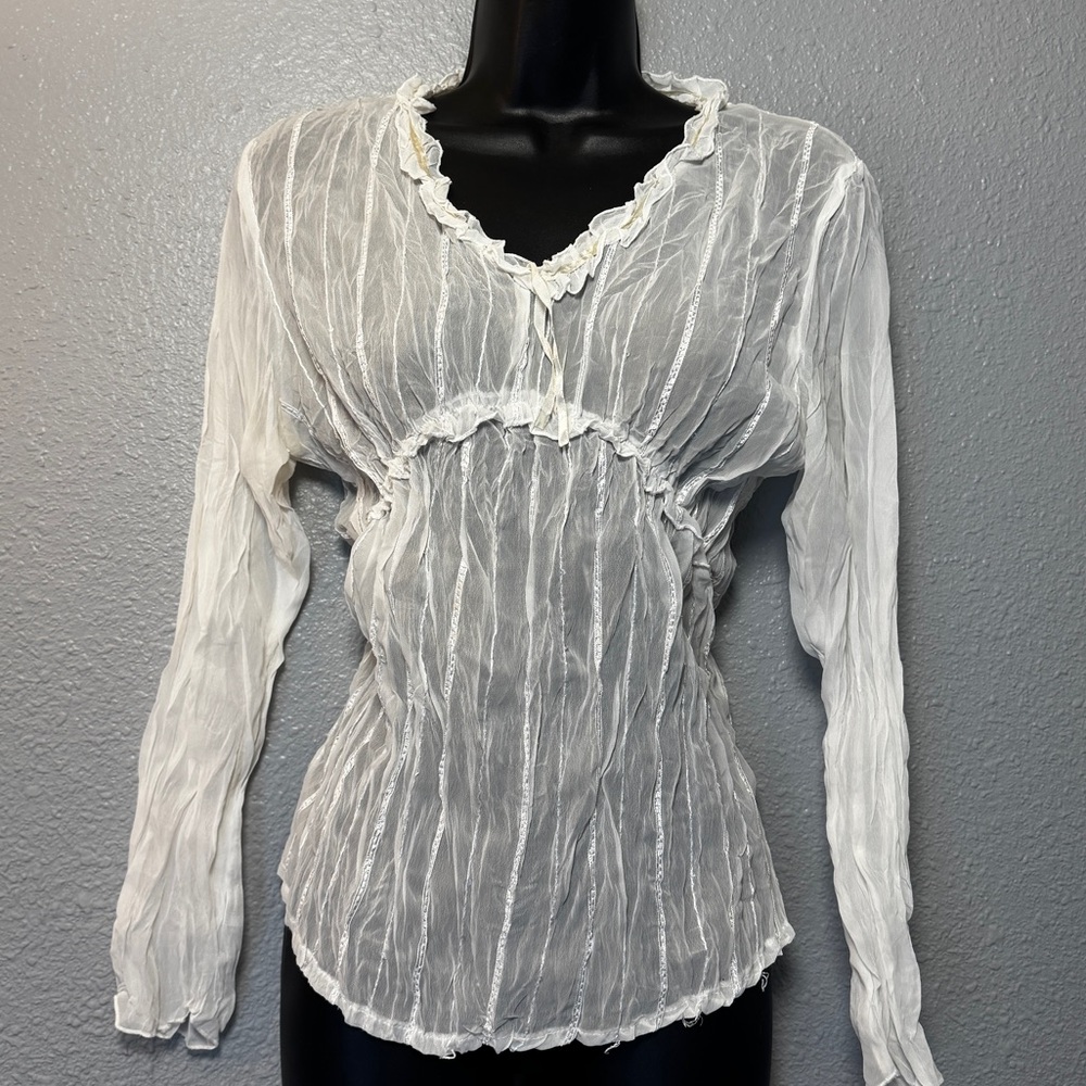 Womens Femme white sheer Blouse long sleeve kawaii Lolita Ruffle size M tie up